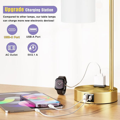 Innqoo Industrial Gold Table Lamps for Bedrooms Set of 2-3-Way Dimmable Desk Lamp with USB C+A Ports and Outlet, Gold Lamps with Opal Glass Shade for Living Room, Desk Lamps for Home Office