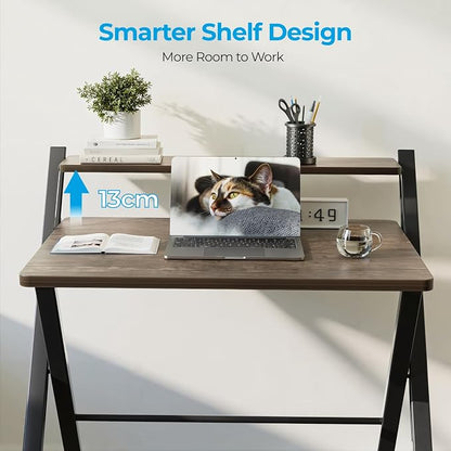GreenForest Folding Desk No Assembly, Sturdy Computer Desk for Small Spaces | Portable Foldable Table for Laptop, 2-Tier Compact with Shelf, Space Saving for Home Office, Dorm, Apartment, 27"x 22" Brown
