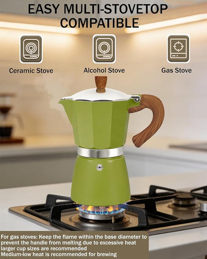 Coffee Maker Stovetop Espresso Maker 3 Cup Aluminum Moka Pot Percolator 5oz 150ml Easy Brewing for Electric Ceramic Stoves Home Camping Italian Cuban Café Classic Sip Sized Green