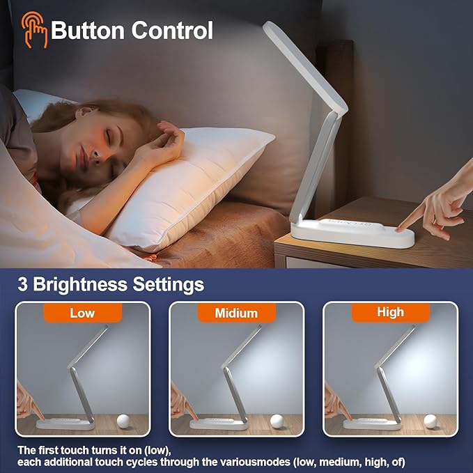 LED Desk Lamp for Office Home & Battery Operated Lamp Rechargeable Lamp Foldable & Portable Light, LED Desk Light Strip, 3 Brightness Dimmable Small Desk Lamp Wireless Reading Lamp(2PACK)