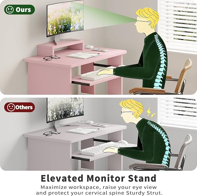 ALISENED 30 Inch Computer Desk, with Keyboard Tray & Monitor Stand | Compact Desk for Space-Saving, Ergonomic Study Desk with Storage Shelves for Writing, Gaming, Working, Pink