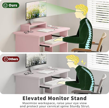 ALISENED 30 Inch Computer Desk, with Keyboard Tray & Monitor Stand | Compact Desk for Space-Saving, Ergonomic Study Desk with Storage Shelves for Writing, Gaming, Working, Pink