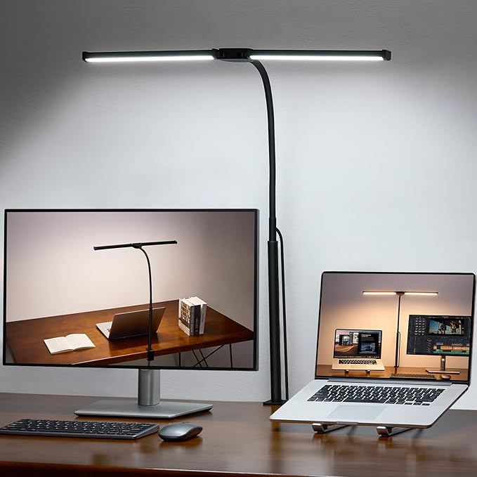 Voncerus LED Desk Lamp for Home Office, Double Head Architect Light with Clamp, Computer Monitor Clip on Light, 3 Modes and 10 Brightness, Adjustable Flexible Goose-Neck, Table Task Lamp, Black