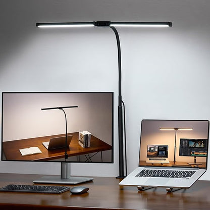 Voncerus LED Desk Lamp for Home Office, Double Head Architect Light with Clamp, Computer Monitor Clip on Light, 3 Modes and 10 Brightness, Adjustable Flexible Goose-Neck, Table Task Lamp, Black