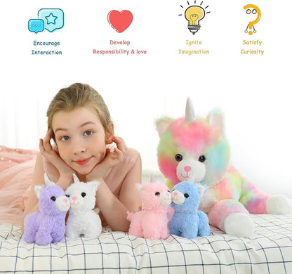 MorisMos Cat Unicorn Stuffed Animal with Baby Kittens, 24'' Mommy Cat and 4 Baby Kitty Stuffed Animals, Large Rainbow Caticorn Plush Pillow, 5Pcs Kitty Unicorn Plush Toys for Girls Boys Birthday Gift