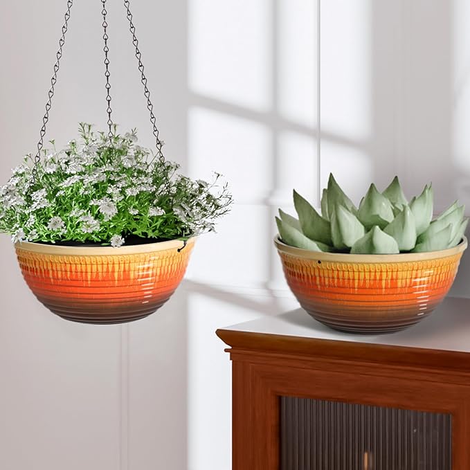 10inch Hanging Planters for Indoor and Outdoor Plants, 2 Pack Hanging Planter with Drainage Hole, Round Hanging Flower Pots for Garden Home Decor (Orange Glaze)
