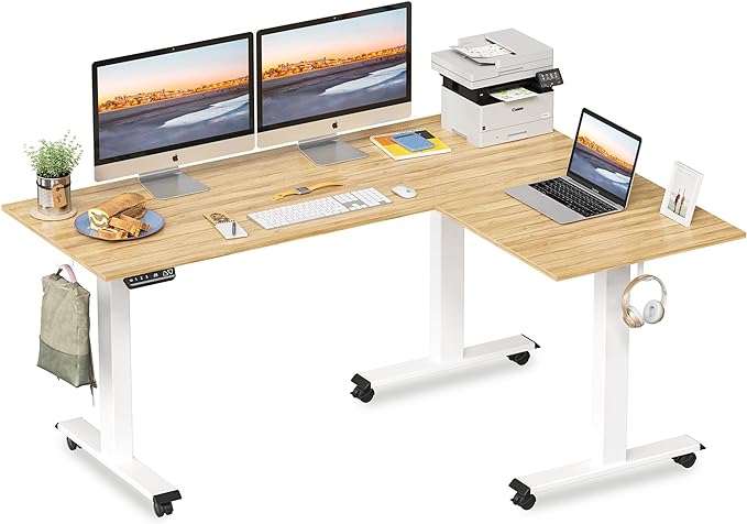 FEZIBO Triple Motor L-Shaped Electric Standing Desk, 63 Inches Height Adjustable Stand up Corner Desk, Sit Stand Workstation with Splice Board, White Frame/Natural Top