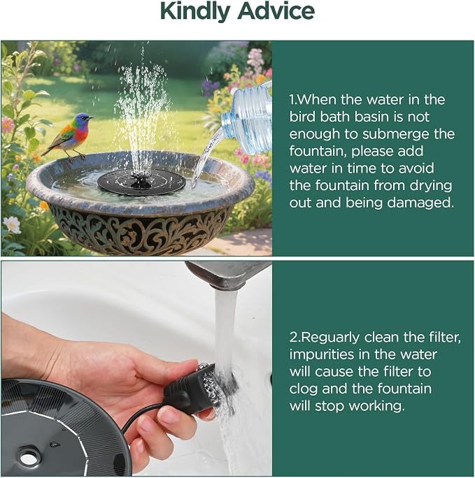 1W Solar Bird Bath Fountain Pump, Solar Fountain, Solar Powered Water Pump, Outdoor Water Fountain with 6-in-1 Nozzles, Free Standing Floating Solar Powered for Bird Bath, Garden, Pond, Pool, Outdoor