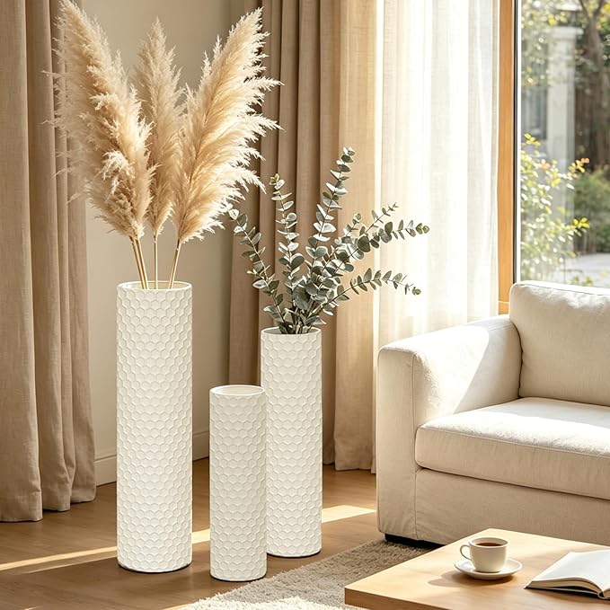 White Tall Floor Vase - Set of 3 Large Metal Decorative Vases for Living Room, 27.6in Long Modern Minimalist Big Cylinder Standing Rustic Boho Corner Decor for Farmhouse Entryway Pampas Grass
