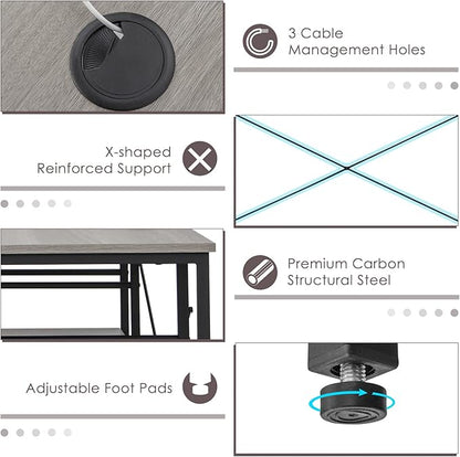 L-Shaped Home Office Desk, Corner Computer Desk w/Monitor Stand, Reversible PC Desk w/Heavy-Duty Metal Frame, Long Office Desk for 2 Person, Space-Saving Design (Grey)