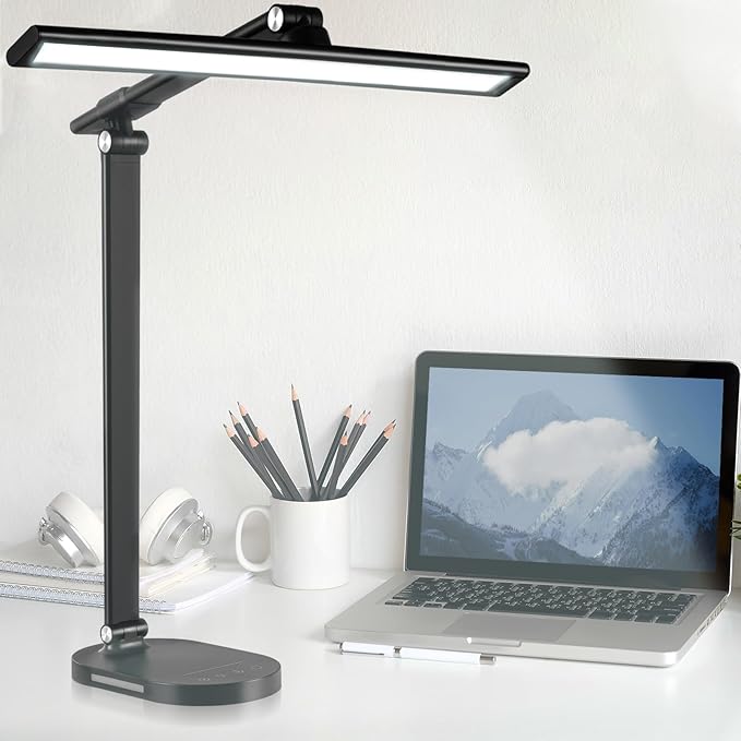 LED Desk Lamp Touch Desk Lamps with 5 Levels Brightness, Dimmable Office Reading Lamp with Adjustable Arm Foldable Table Desk Lamp for Bedroom Bedside Office Study, 3000-6500K(Black)