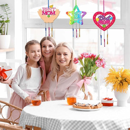 Fennoral 9 Pack MOM Wind Chime Kit for Kids Make You Own Mother's Day Wind Chimes DIY Coloring Mother's Day Wooden Art and Craft for Art Activity Mom's Birthday Decoration Mum Gifts
