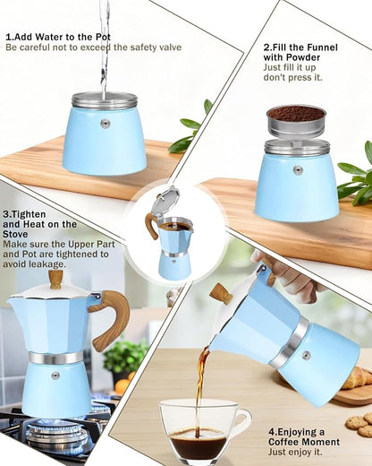 Coffee Maker Stovetop Espresso Maker 3 Cup Aluminum Moka Pot Percolator 5oz 150ml Easy Brewing for Electric Ceramic Stoves Home Camping Italian Cuban Café Classic Sip Sized Blue