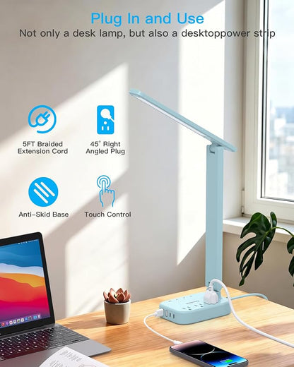 LED Desk Lamp, Power Strip with 4 USB 3 Outlets, Dorm Room Essentials, Blue | One Beat 4 Modes 5 Level Brightness Touch Lamp, Small Desk Lamp for Home Office College Dorm Essentials, Study Reading Light