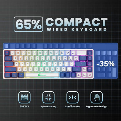 GEODMAER 65% Gaming Keyboard, LED Backlit Mini Wired Keyboard, Ultra-Compact Anti-Ghosting No-Conflict 68 Keys Membrane Gaming Wired Keyboard for PC Laptop Windows Gamer(White-Blue)