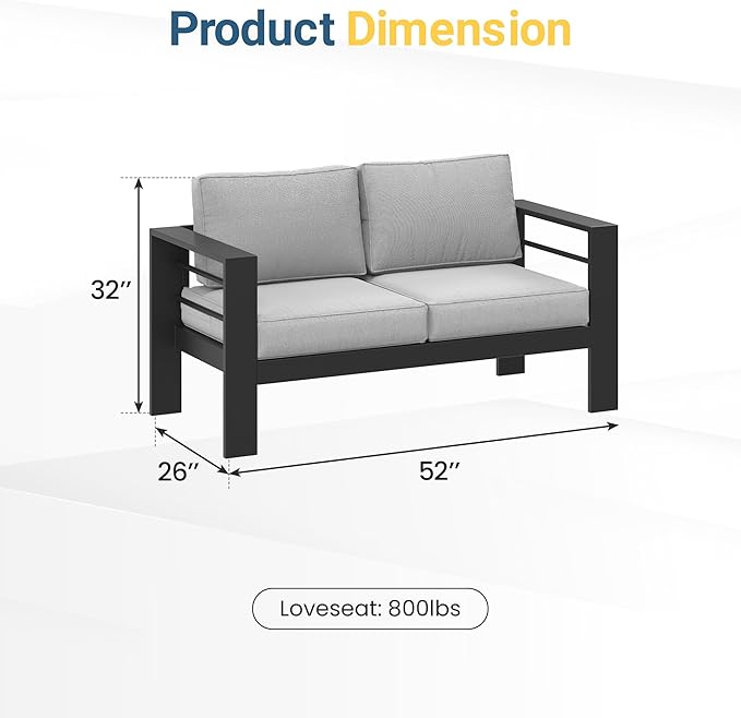 Wisteria Lane Patio Furniture Metal Loveseat, Metal Outdoor Chairs with Upgraded Cushions, All-Weather Outdoor 2 Seats Sofa Couch for Balcony, Garden, Deck, Backyard, Light Grey