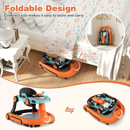 BABY JOY 7-in-1 Baby Walker, Foldable Baby Walker and Bouncer Combo with Handle, Adjustable Height & Speed, Music, Lights, Rocker/Push Mode, Baby Walker with Wheels for Boys Girls 7-18 Months (Orange)