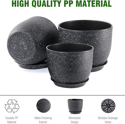 Large Flower Pots 12/10/9 inch, Set of 3 Modern Decorative Plastic Planters with Drainage Holes and Saucers for Garden House Plants, Plant Pots for Indoor Outdoor Plants, Speckled White