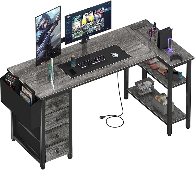 Lufeiya L Shaped Gaming Desk with Drawers & Storage Shelves, 55 Inch Corner Computer Desk with Power Outlet for Home Office Bedroom, L-Shaped Teen PC Desks with Fabric Drawer, Gray