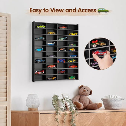 Krafetto Toy Car Display Shelf, Holds 40 Diecast 1/64 Toy Cars, Wall Mount Model Car Storage Organize Case, Black