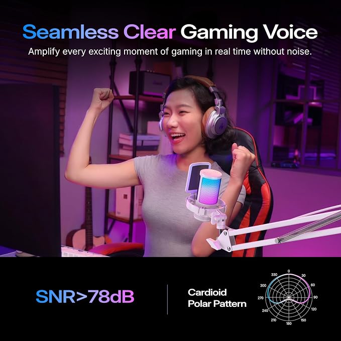 MAONO DGM20S USB Microphone for PC with Clear Voice & Noise Reduction | RGB Lighting, Tap-to-Mute, Gain Control, Monitoring and Boom Arm for Discord Gaming, Streaming, Content Creation.White
