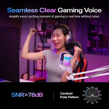 MAONO DGM20S USB Microphone for PC with Clear Voice & Noise Reduction | RGB Lighting, Tap-to-Mute, Gain Control, Monitoring and Boom Arm for Discord Gaming, Streaming, Content Creation.White
