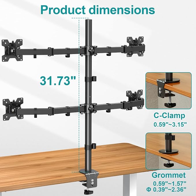 MOUNT PRO Quad Monitor Stand, 4 Monitor Mount for 13 to 32 inch Computer Screens, Hold up to 17.6lbs Each, Fully Adjustable Stacked 4 Desk Arm, VESA Mount, C clamp/Grommet Base