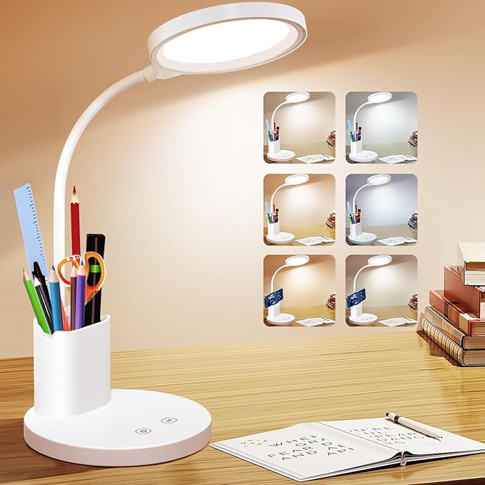 Desk Lamps for Home Office with Pen Holder/Organizer,6 Color Modes,Stepless Dimming,Study Desk Lamp for Kids,LED Desk Light Gooseneck Eye-Caring Lamp with Phone Stand/Storage,College Dorm Essentials