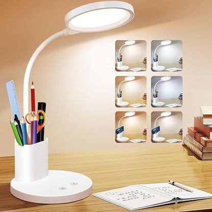 Desk Lamps for Home Office with Pen Holder/Organizer,6 Color Modes,Stepless Dimming,Study Desk Lamp for Kids,LED Desk Light Gooseneck Eye-Caring Lamp with Phone Stand/Storage,College Dorm Essentials