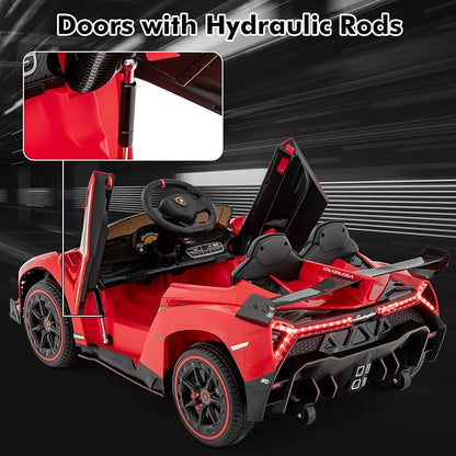 INFANS 2 Seater Kids Ride on Car, 12V 4WD Licensed Lamborghini Veneno Powered Electric Vehicle with Hydraulic Doors, Rocking Mode, Adjustable Speeds, Remote Control, MP3, Headlight (Red)