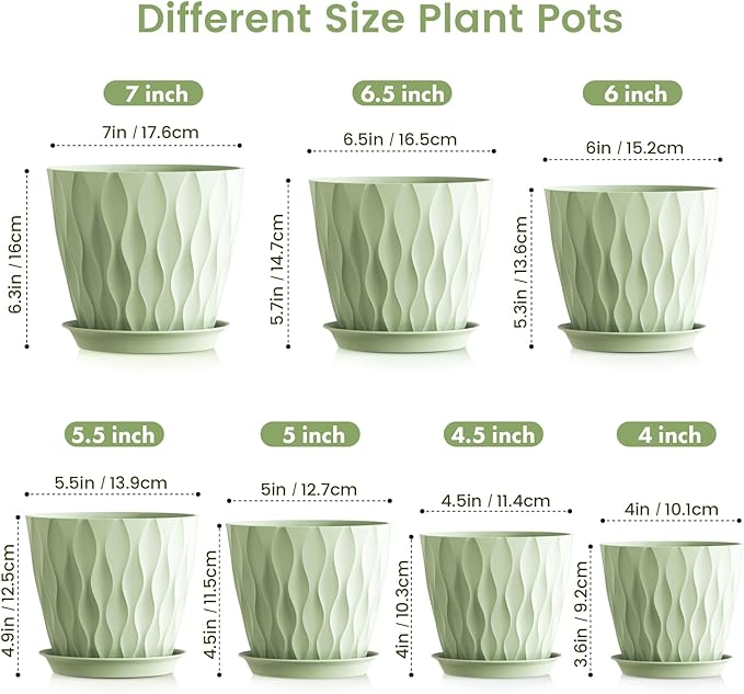 7/6.5/6/5.5/5/4.5/4 inch Plant Pots for Indoor Outdoor Plants, 7 Pack Thick Flower Pots with Drainage Holes and Saucers, Modern Wave Texture Plastic Planter Pots for Nursery, Succulent, Green