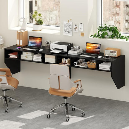 Giantex Wall-Mounted Computer Desk, Floating Laptop Desk with 3 Storage Compartments, Space-Saving Home Office Workstation Vanity Table for Bedroom, Study, Living Room (Black)
