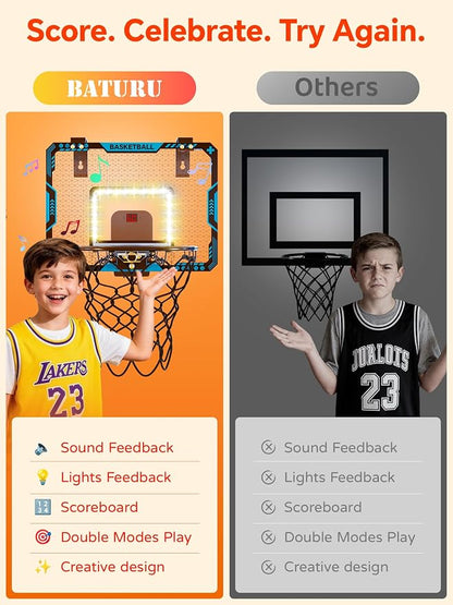 BATURU Over The Door Basketball Hoop for Kids – Indoor Basketball Toy with LED Scoreboard, Lights & Sound, Easy to Hang – Fun Gifts for Boys Ages 6–10