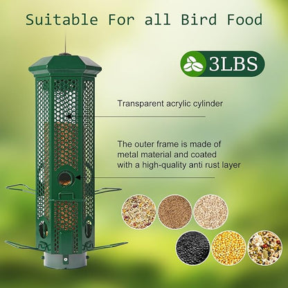 Squirrel Proof Bird Feeders with Removable Base, Metal Wild Bird Feeder for Outdoors Hanging, 6 Weight-Activated Ports Perches, 3LB Seed Capacity(Green)