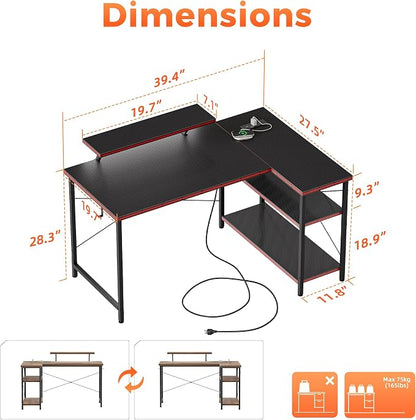 Mericonia 40 in Corner Desk with Monitor Stand, Small L Shaped Gaming Desk | Reversible Computer Desk with Power Outlets, LED Light & Storage Shelves, Office Table for Home Bedroom Study Work Writing