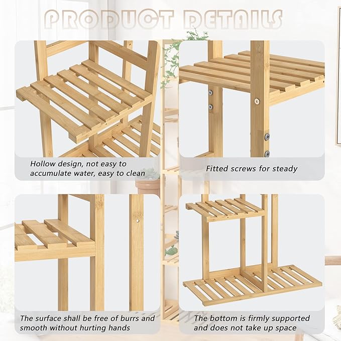 Laiensia Bamboo Plant Stand Rack 6 Tier,Multiple Stand Holder Shelf Rack, Indoor&Outdoor Planter Display Shelves for Patio Garden, Living Room, Corner Balcony and Bedroom,Wood Color