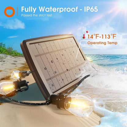 addlon 102FT(96+6) Solar String Lights Outdoor Waterproof with USB Charging & Remote Control - Dimmable Solar Power Patio Lights with LED Bulbs for Porch, Garden, Yard, Market, Bistro - Lasts 20+ Hrs