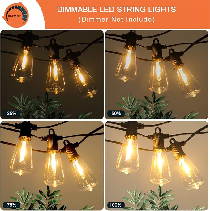 Kawaya Outdoor Patio String Lights: 25 FT LED Outside Patio Light with 12 Shatterproof Vintage Bulbs - 2700K Dimmable IP65 Waterproof Edison Outdoor Lighting for Porch Deck Bistro Cafe Party
