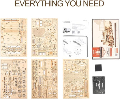 ROKR 3D Wooden Puzzle for Adults-Mechanical Train Model Kits-Brain Teaser Puzzles-Vehicle Building Kits-Unique Gift for Teens on Birthday/Christmas Day(1:80 Scale)(MC501-Prime Steam Express)