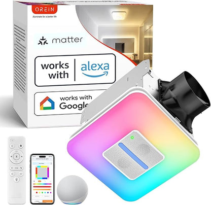OREiN Matter Smart Bathroom Fan with Light – Humidity Sensor, 130–160 CFM Ventilation, Ultra-Quiet 1.0 Sone, Tunable White & Custom RGB, Dual Bluetooth Speakers, Compatible with Alexa & Google Home