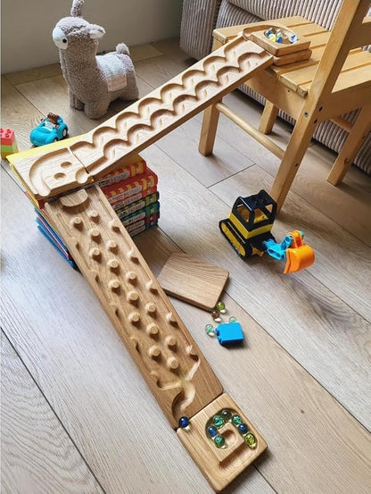 Wooden Marble Run Track Set of 2 Wind+Rocks Race Set Wooden Maze Board Ball Run Montessori STEM Toy Gift for Kids Wave Course Winding Roller Track Game (Wind+Rocks)