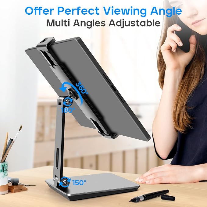 ROADOM Tablet Stand, Adjustable 360° Swivel Bracket, 180° Tiltable Clamp,Foldable Tablet Holder for 4.7-17.3'' iPhone/iPad/Tablet/Portable Monitor, Aluminum Alloy, Black