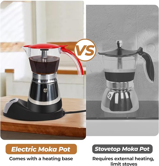 Electric Plastic Clear Moka Pot 3-6 Cup 150-300ml Mocha Pot | Stainless Steel Espresso Maker with Detachable Base Ideal Coffee Maker for Home Italian and Cuban Café Coffeemaker Red