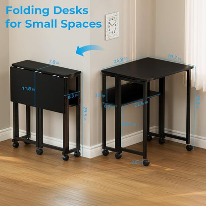 GreenForest Folding Desk with Wheels, 24.8" Rolling Table for Small Spaces | Storage Shelf, Lockable Casters, Compact Portable Workstation, Space-Saving Foldable Sofa Table, Home Office, Mobile, Black