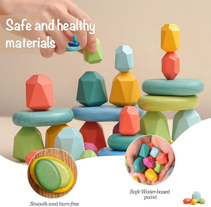 OESSUF Stacking Rocks 26Pcs Stacking Blocks Balancing Stones Wooden Building Toys Wood Stone Stacking Game for Toddler Sorting Preschool Educational Montessori Stacking Rocks for Kids