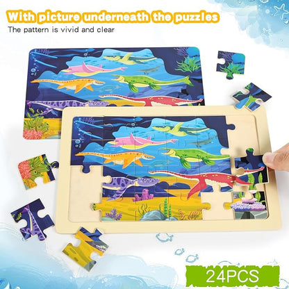 Wooden Puzzles Dinosaur Toys for Kids Ages 3-5, Set of 4 Packs with 24-Piece Wood Jigsaw Puzzles, Preschool Educational Brain Teaser Boards for Boys and Girls 3 4 5 6 Years Old
