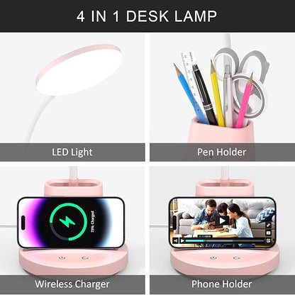 LED Desk Lamp with Wireless Charger for Home Office, Small with Pen Holder, 800LM,3 Color Modes,Gooseneck, Eye-Caring White Desk Lamps for Home College Dorm Room,Pink