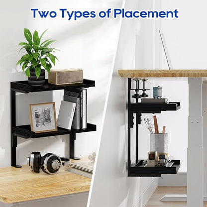 Clamp On Desk Shelf 2-Tier, 12.5 inche Wood Shelving Unit for Office Desk/Gaming Accessories, Tabletop Book Storage Rack, Shelf for Top & Under of Desk, Black