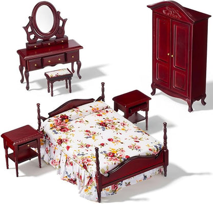 Skylety 7 Pcs Victorian Dollhouse Furniture Set 1: 12 Scale Wooden Mini House Bedroom Furniture and Accessories, Bed Dressing Table Wardrobe Carpet for Adults Toy Gift Miniature Doll House Accessories