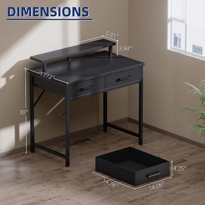 Pamray 32 Inch Small Computer Desk with Monitor Stand and 2 Drawers | Small Gaming Desk, for Bedroom Apartment and Dorm, for Study Work and Writing, Small Spaces, Sturdy, Easy Assembly